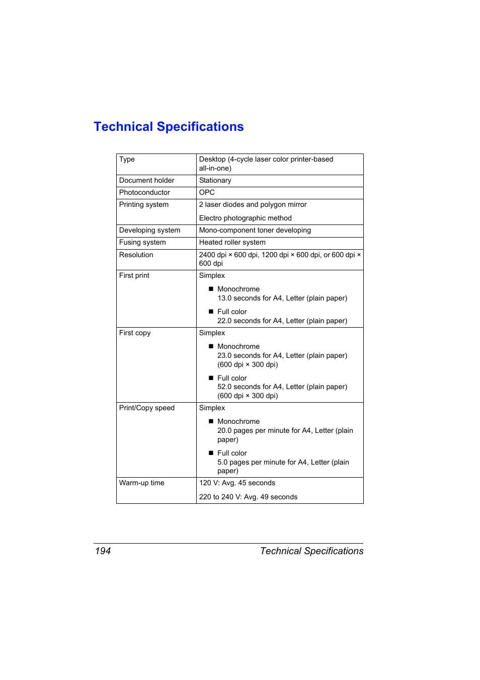 Technical specifications, Technical specifications 194 | Konica Minolta Magicolor 2490MF User Manual | Page 206 / 214