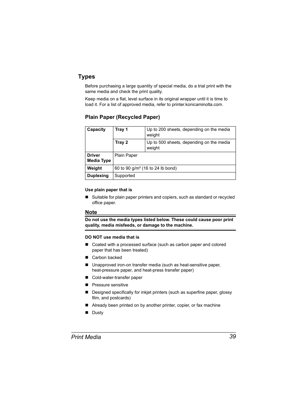 Types, Plain paper (recycled paper), Types 39 | Plain paper (recycled paper) 39, Print media 39 types | Konica Minolta Magicolor 2490MF User Manual | Page 51 / 214