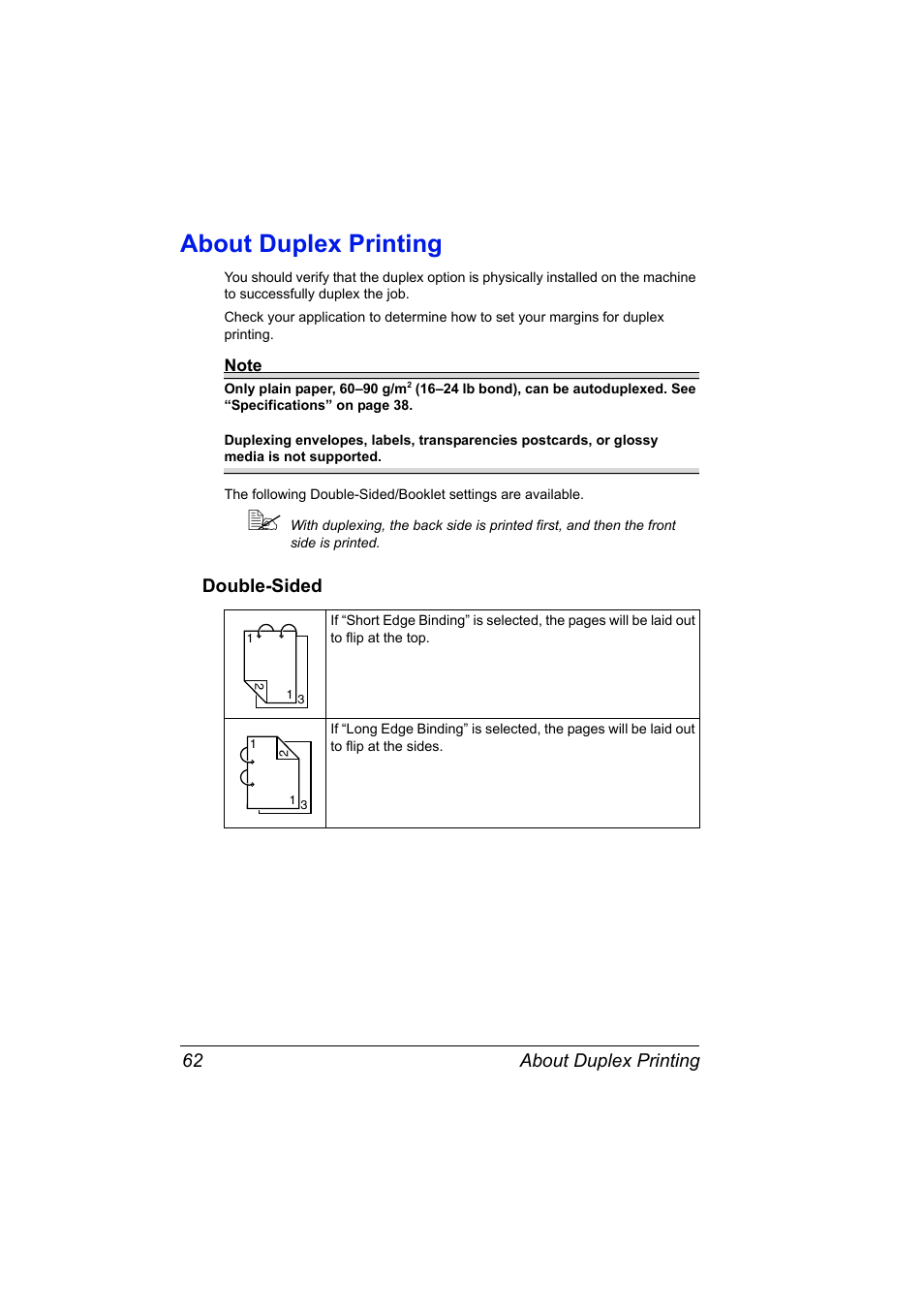 About duplex printing, Double-sided, About duplex printing 62 | Double-sided 62 | Konica Minolta Magicolor 2490MF User Manual | Page 74 / 214