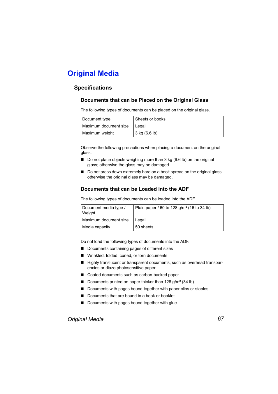 Original media, Specifications, Documents that can be placed on the original glass | Documents that can be loaded into the adf, Original media 67, Specifications 67 | Konica Minolta Magicolor 2490MF User Manual | Page 79 / 214
