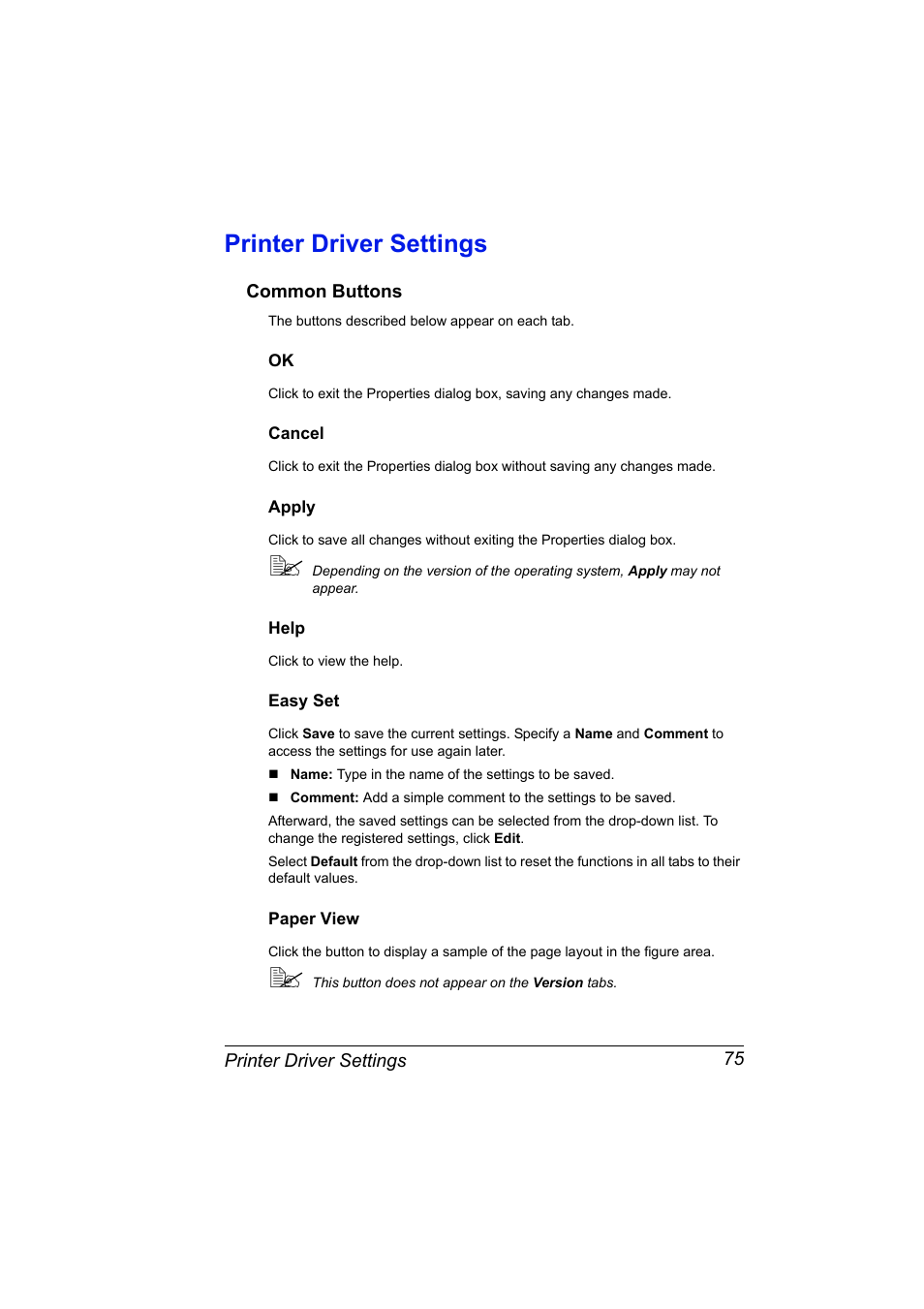 Printer driver settings, Common buttons, Cancel | Apply, Help, Easy set, Paper view, Printer driver settings 75, Common buttons 75 | Konica Minolta Magicolor 2490MF User Manual | Page 87 / 214