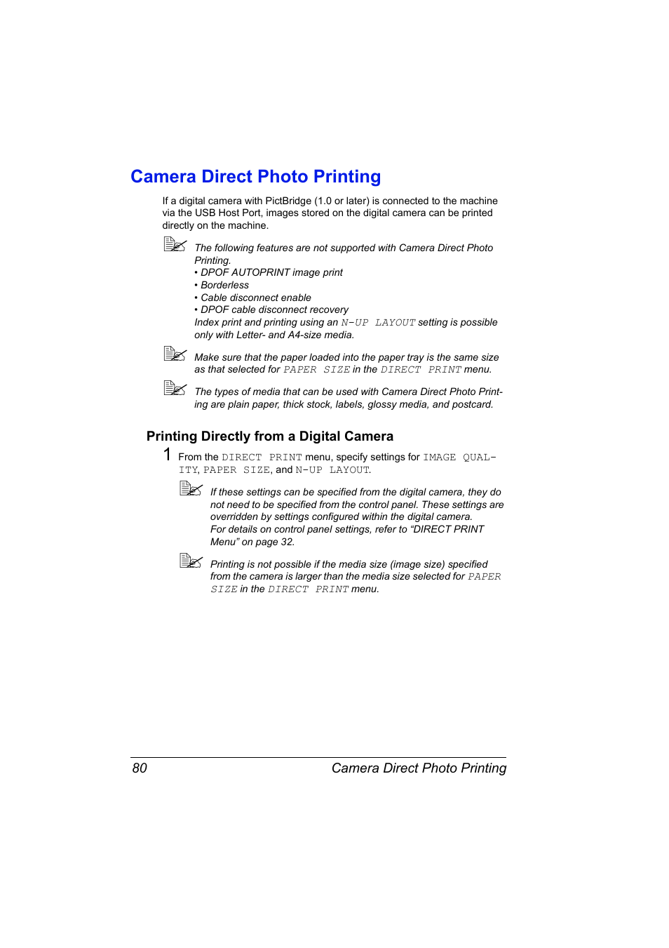 Camera direct photo printing, Printing directly from a digital camera, Camera direct photo printing 80 | Printing directly from a digital camera 80 | Konica Minolta Magicolor 2490MF User Manual | Page 92 / 214