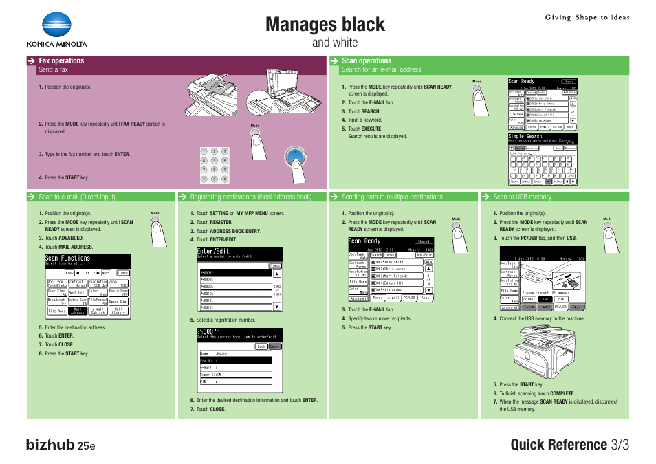 Manages black, Quick reference 3/3, And white | Konica Minolta bizhub 25e User Manual | Page 3 / 3