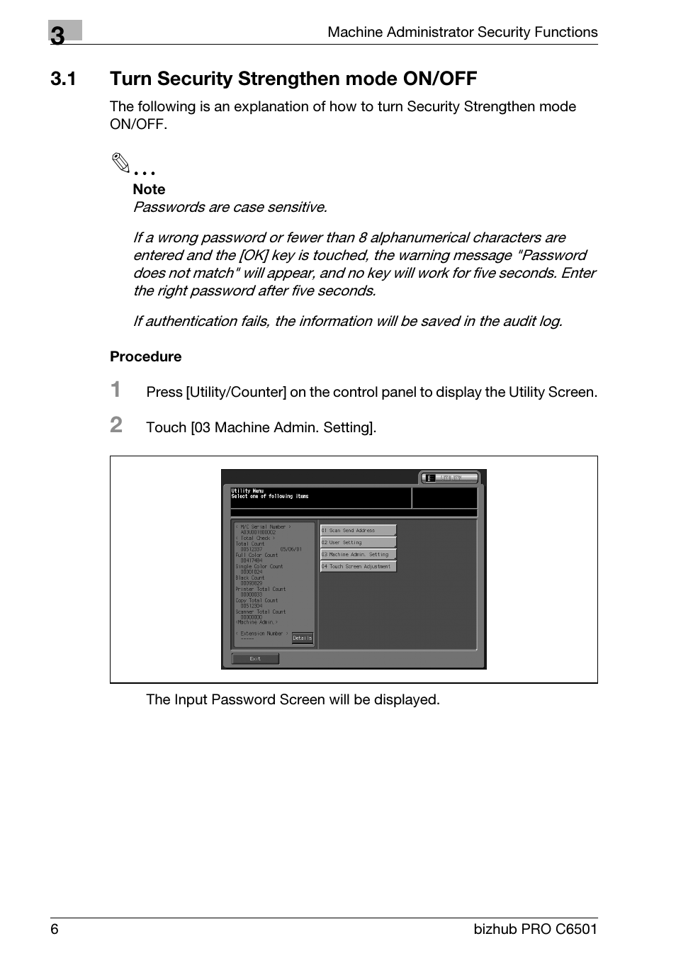 1 turn security strengthen mode on/off, Procedure, Turn security strengthen mode on/off | Konica Minolta bizhub PRO C6501 User Manual | Page 14 / 32