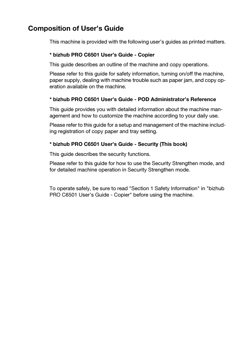 Composition of user’s guide, Bizhub pro c6501 user’s guide - copier | Konica Minolta bizhub PRO C6501 User Manual | Page 5 / 32