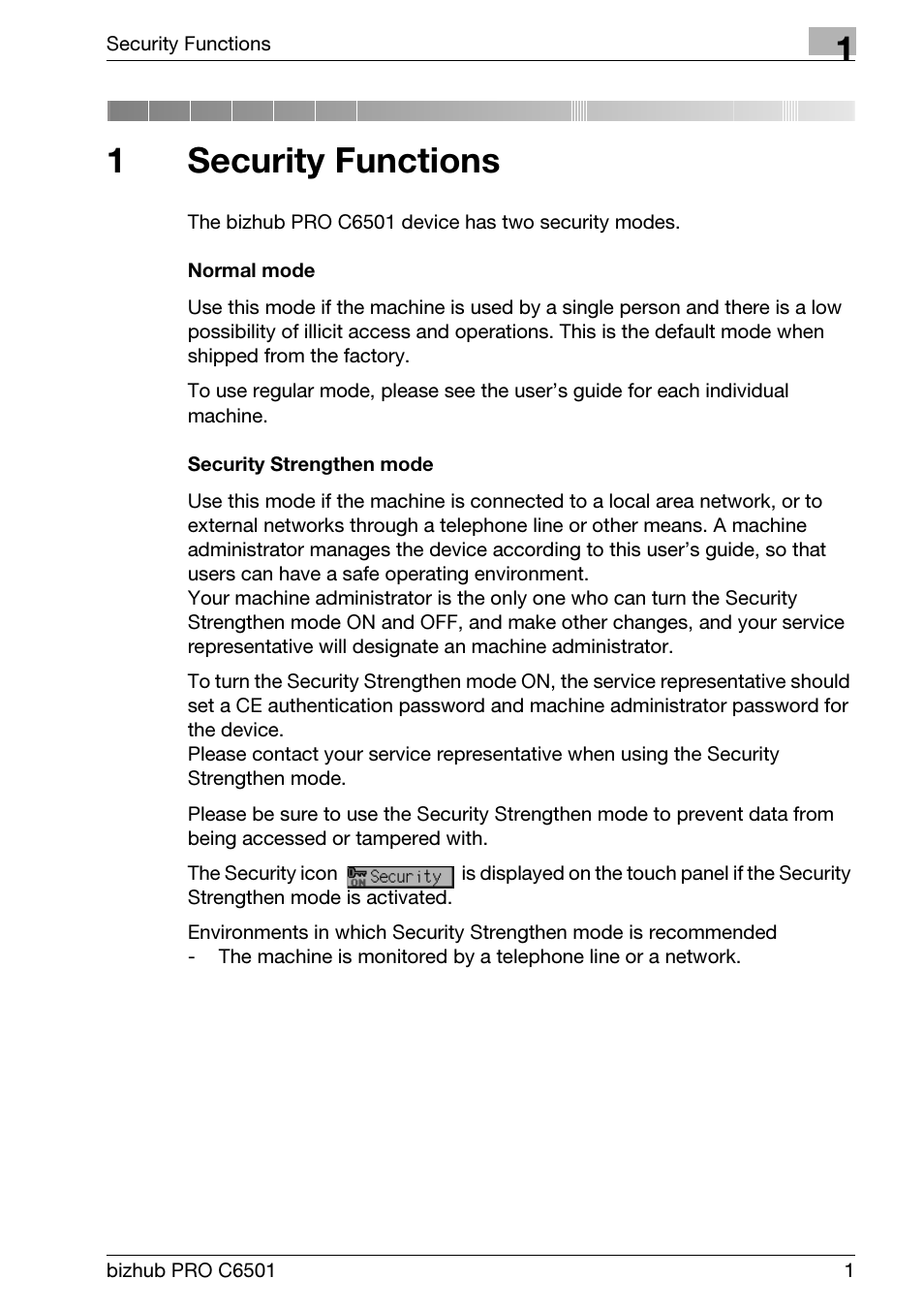 1 security functions, Normal mode, Security strengthen mode | Security functions, 1security functions | Konica Minolta bizhub PRO C6501 User Manual | Page 9 / 32