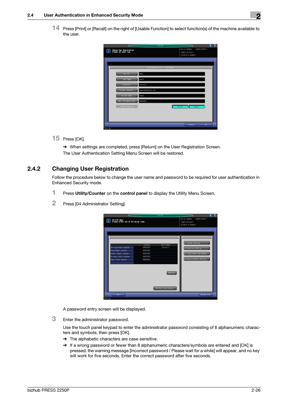 2 changing user registration, Changing user registration -26 | Konica Minolta bizhub PRESS 2250P User Manual | Page 33 / 57