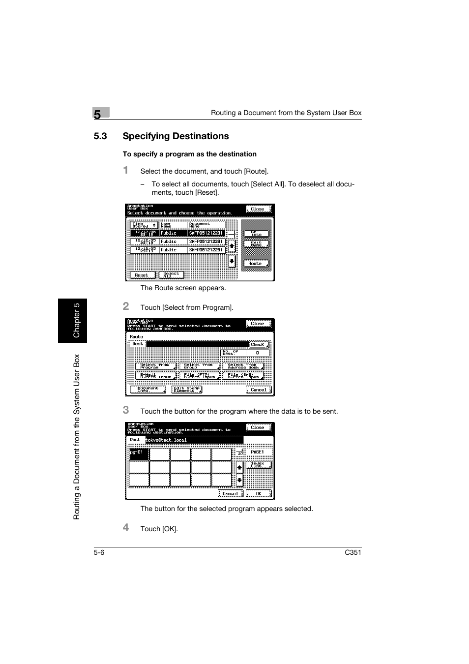 3 specifying destinations, To specify a program as the destination, Specifying destinations -6 | To specify a program as the destination -6, P. 5-6 | Konica Minolta BIZHUB C351 User Manual | Page 109 / 194