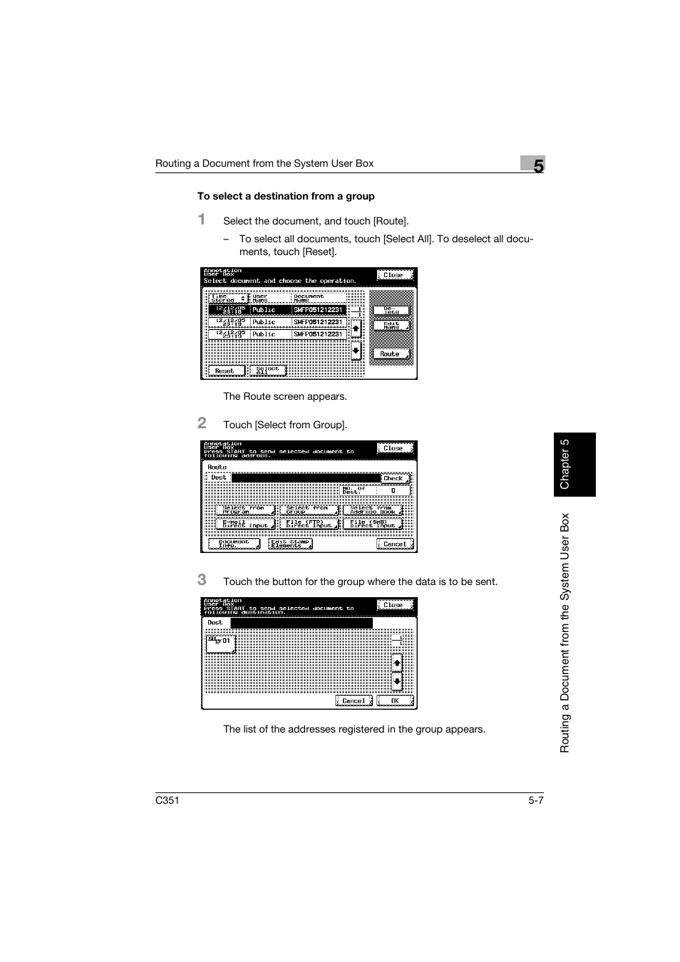 To select a destination from a group, To select a destination from a group -7, P. 5-7 | Konica Minolta BIZHUB C351 User Manual | Page 110 / 194