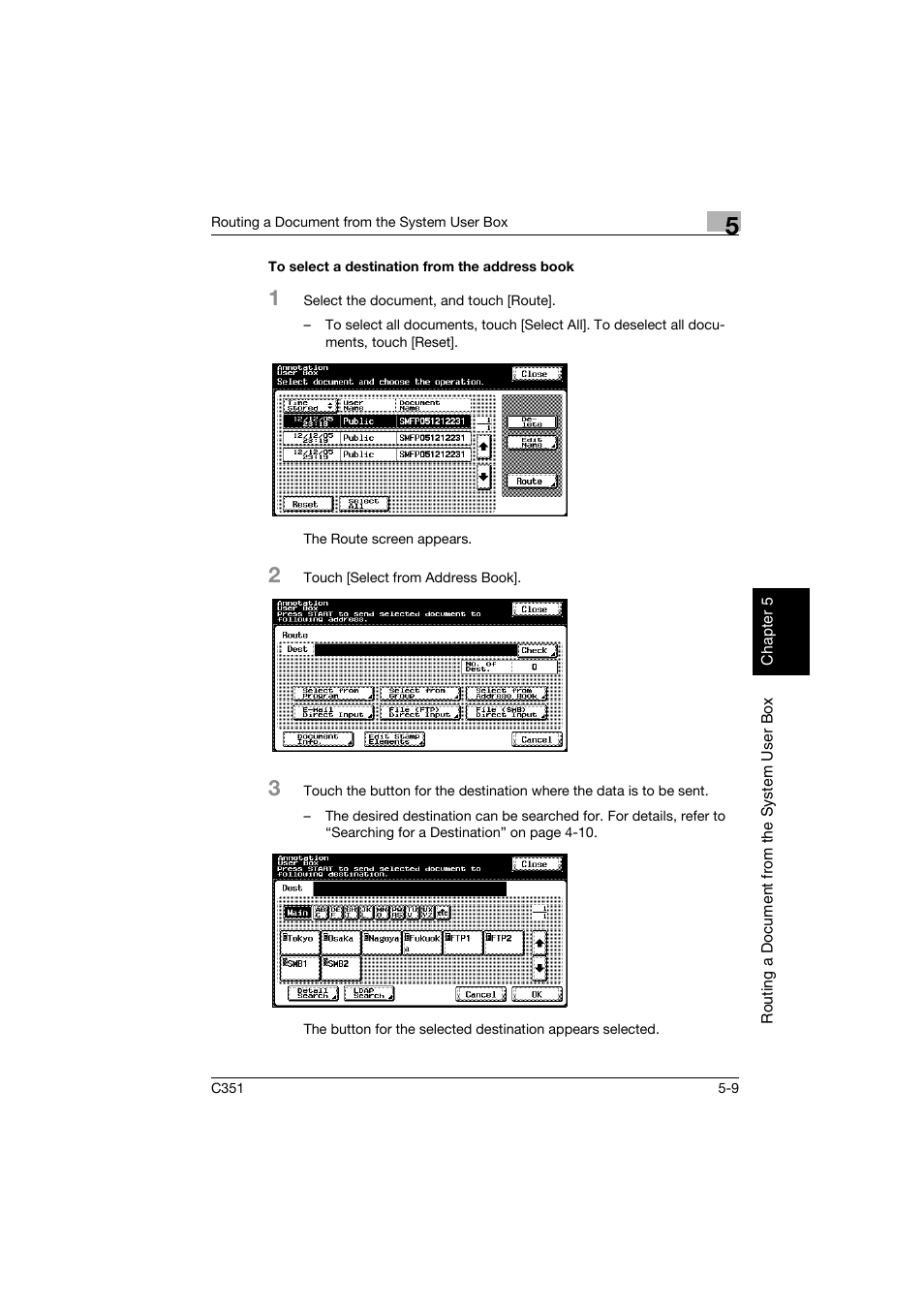 To select a destination from the address book, To select a destination from the address book -9, P. 5-9 | Konica Minolta BIZHUB C351 User Manual | Page 112 / 194