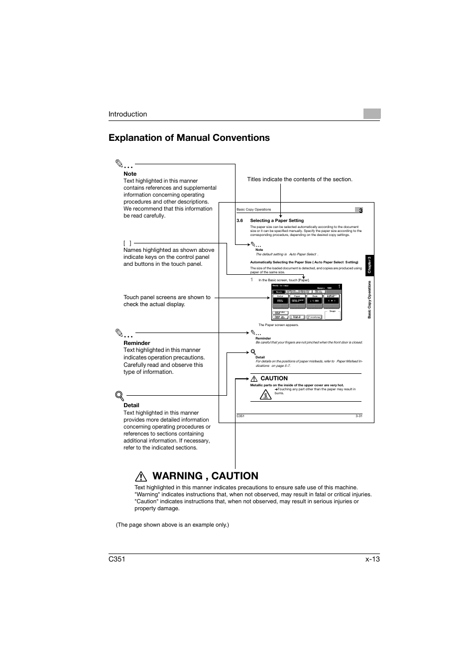 Explanation of manual conventions, Warning , caution | Konica Minolta BIZHUB C351 User Manual | Page 14 / 194