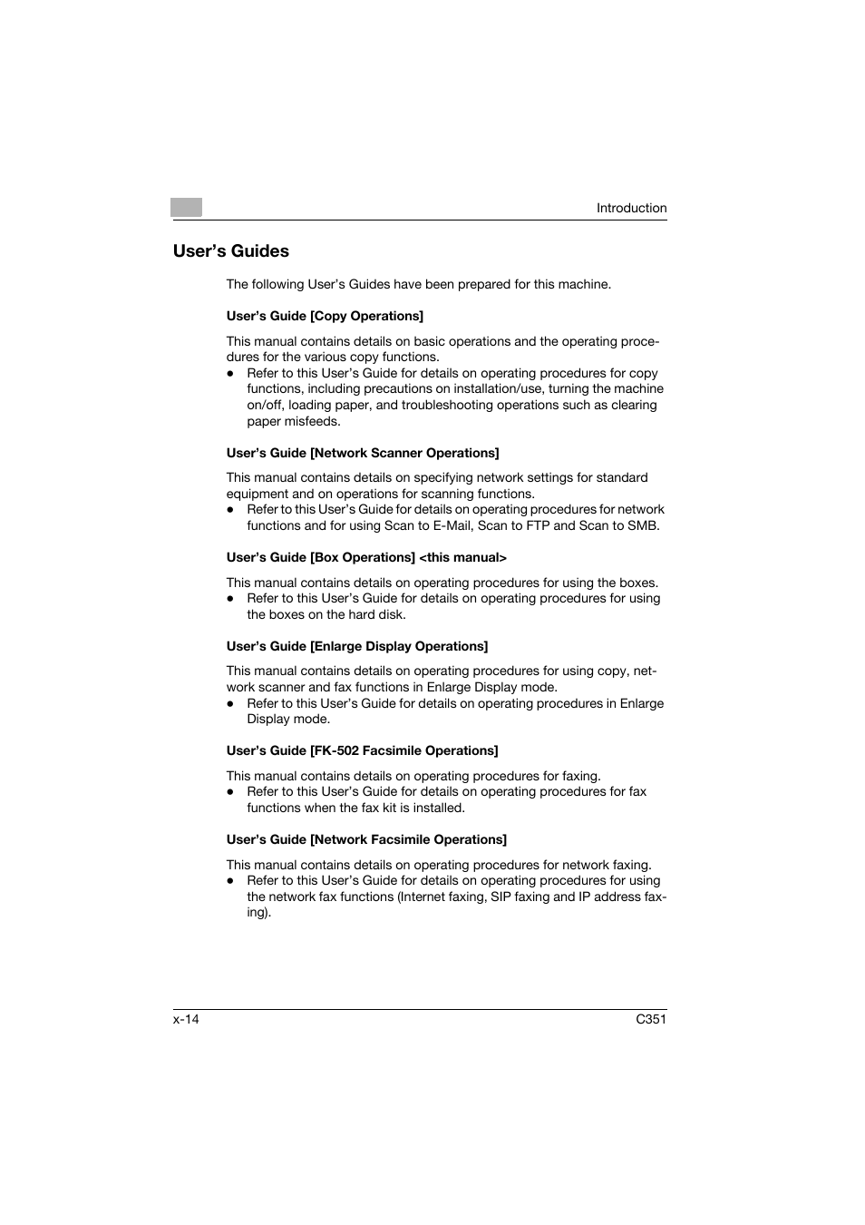 User’s guides, User’s guide [copy operations, User’s guide [network scanner operations | User’s guide [box operations] <this manual, User’s guide [enlarge display operations, User’s guide [fk-502 facsimile operations, User’s guide [network facsimile operations | Konica Minolta BIZHUB C351 User Manual | Page 15 / 194