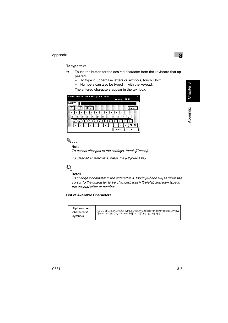 To type text, List of available characters, To type text -5 list of available characters -5 | Konica Minolta BIZHUB C351 User Manual | Page 186 / 194