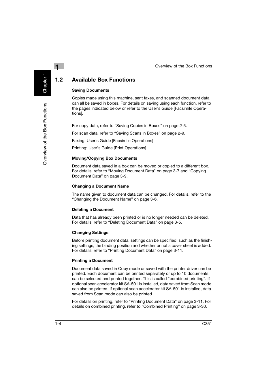 2 available box functions, Saving documents, Moving/copying box documents | Changing a document name, Deleting a document, Changing settings, Printing a document, Available box functions -4 | Konica Minolta BIZHUB C351 User Manual | Page 21 / 194