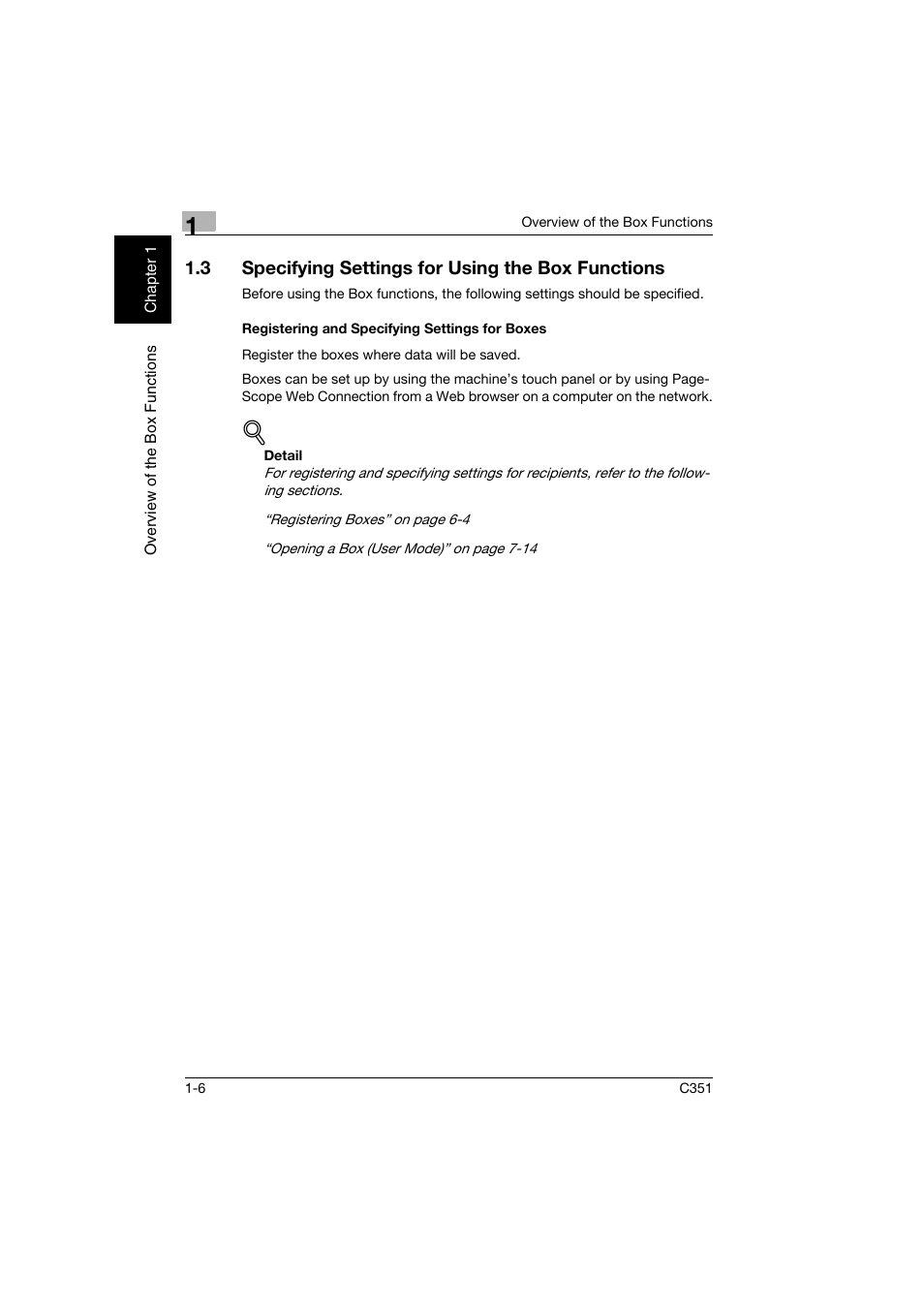 3 specifying settings for using the box functions, Registering and specifying settings for boxes, Specifying settings for using the box functions -6 | Registering and specifying settings for boxes -6 | Konica Minolta BIZHUB C351 User Manual | Page 23 / 194