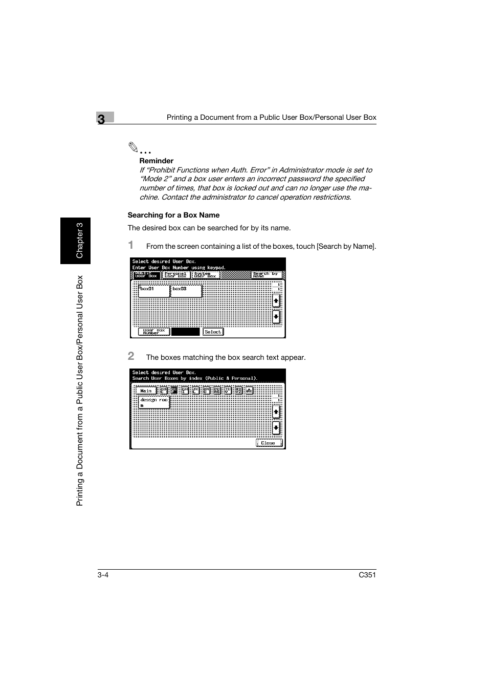 Searching for a box name, Searching for a box name -4 | Konica Minolta BIZHUB C351 User Manual | Page 41 / 194