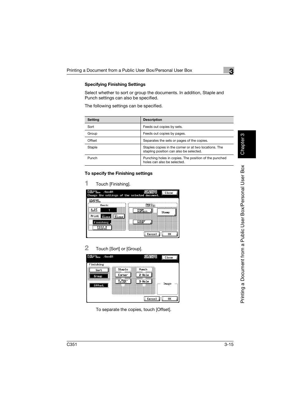 Specifying finishing settings, To specify the finishing settings, P. 3-15 | Konica Minolta BIZHUB C351 User Manual | Page 52 / 194