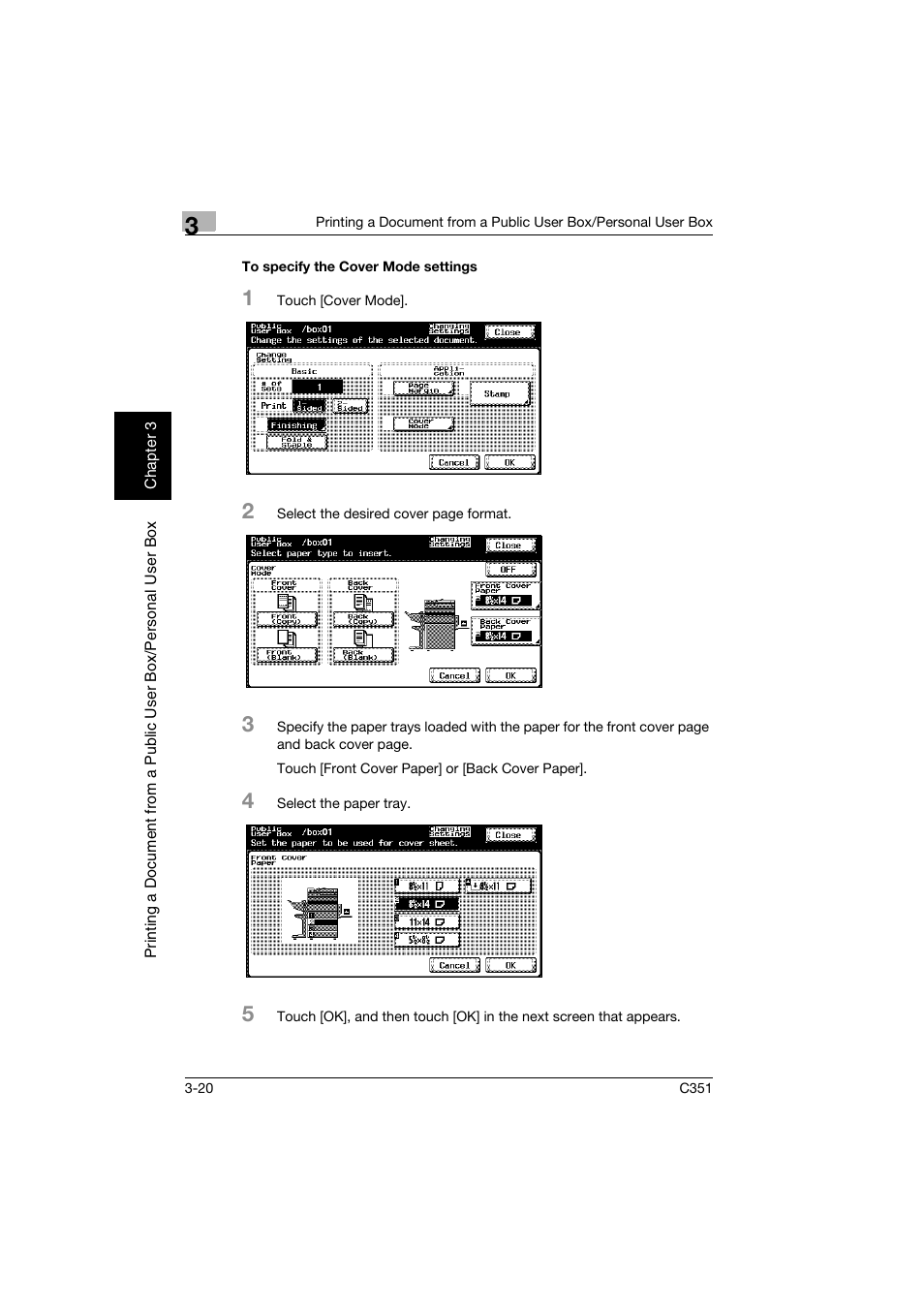 To specify the cover mode settings, To specify the cover mode settings -20 | Konica Minolta BIZHUB C351 User Manual | Page 57 / 194