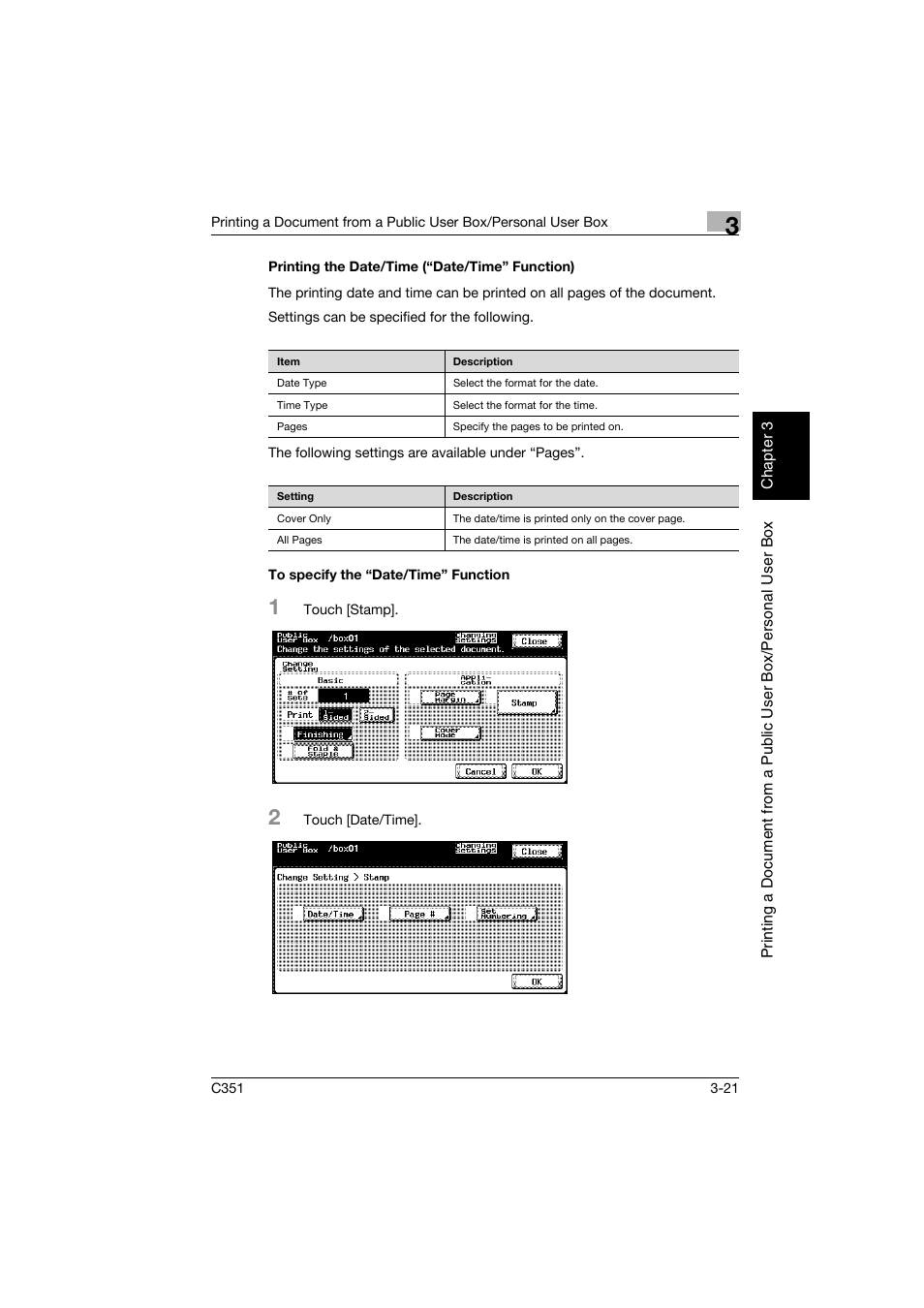 Printing the date/time (“date/time” function), To specify the “date/time” function | Konica Minolta BIZHUB C351 User Manual | Page 58 / 194