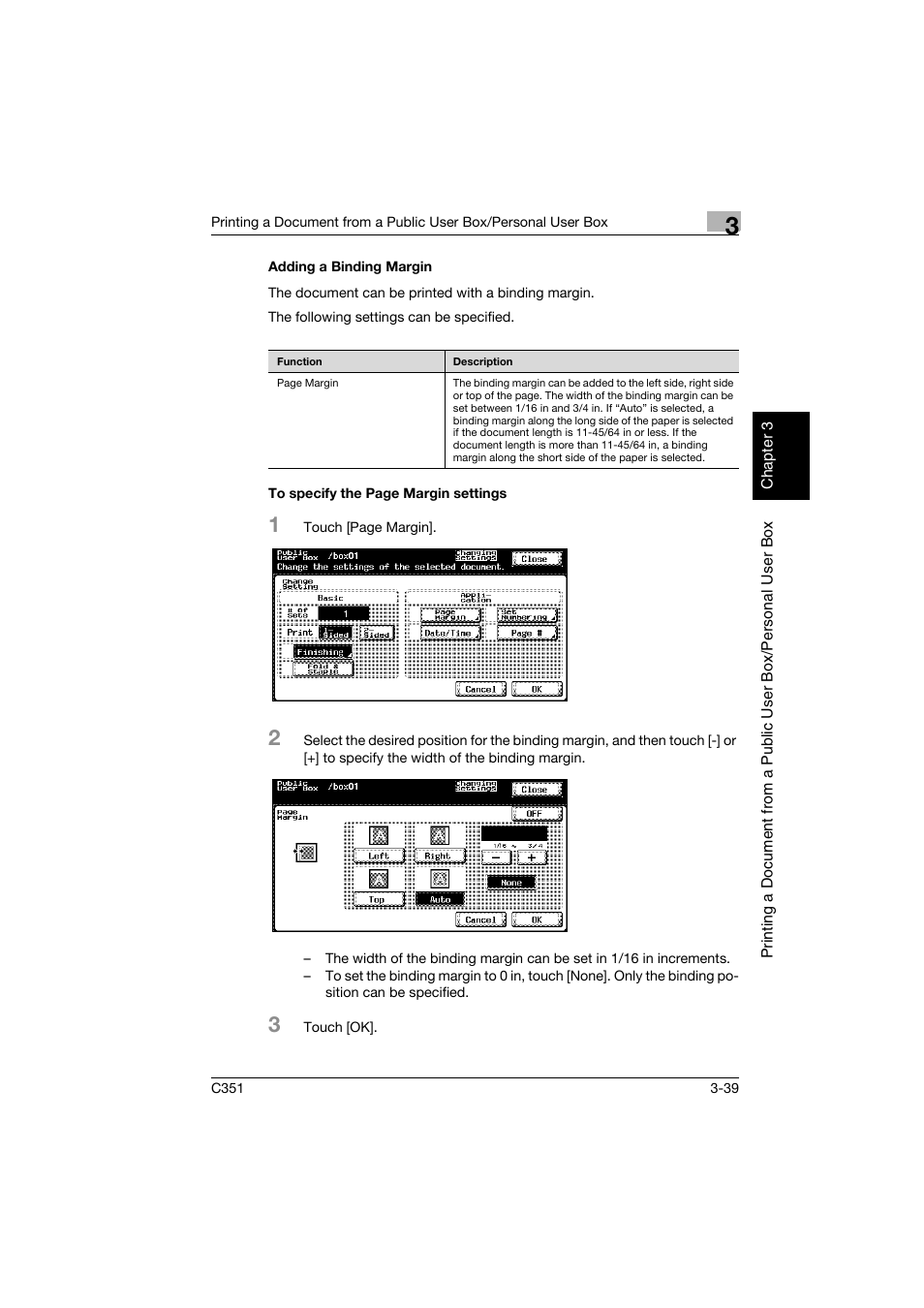 Adding a binding margin, P. 3-39 | Konica Minolta BIZHUB C351 User Manual | Page 76 / 194
