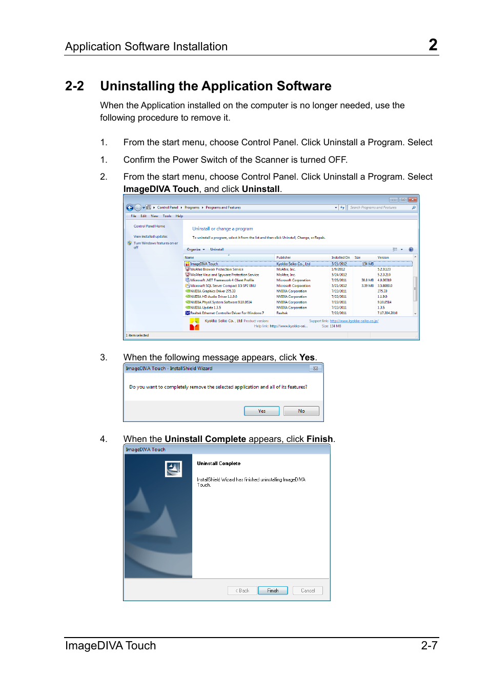 2 uninstalling the application software, Application software installation, Imagediva touch 2-7 | Konica Minolta ScanDiva User Manual | Page 11 / 34