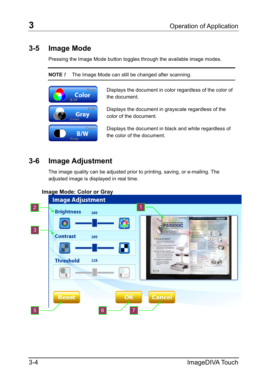 5 image mode, 6 image adjustment, Image mode | Image adjustment, Operation of application 3-4 imagediva touch | Konica Minolta ScanDiva User Manual | Page 16 / 34