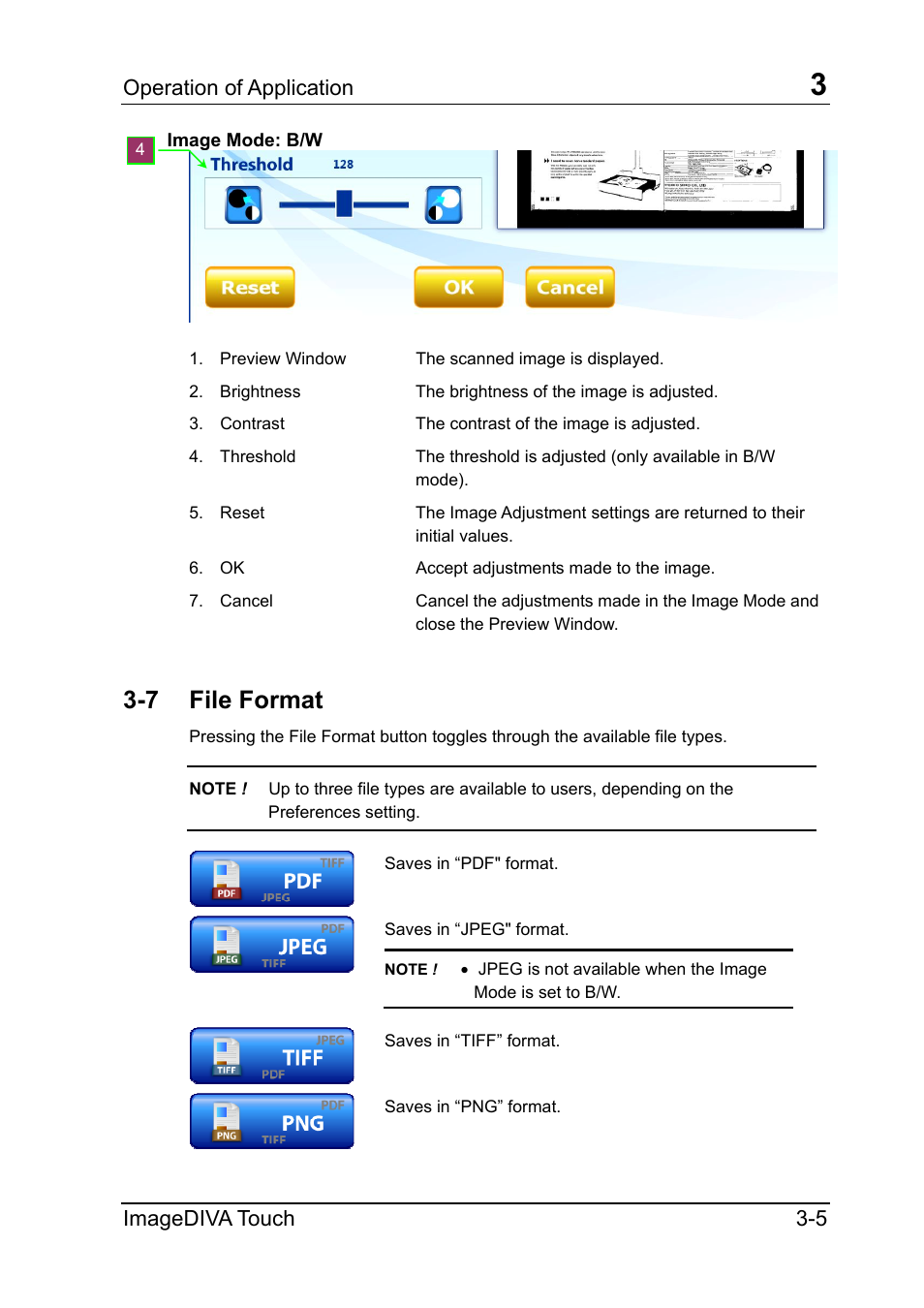 7 file format, File format, Operation of application | Imagediva touch 3-5, Image mode: b/w | Konica Minolta ScanDiva User Manual | Page 17 / 34