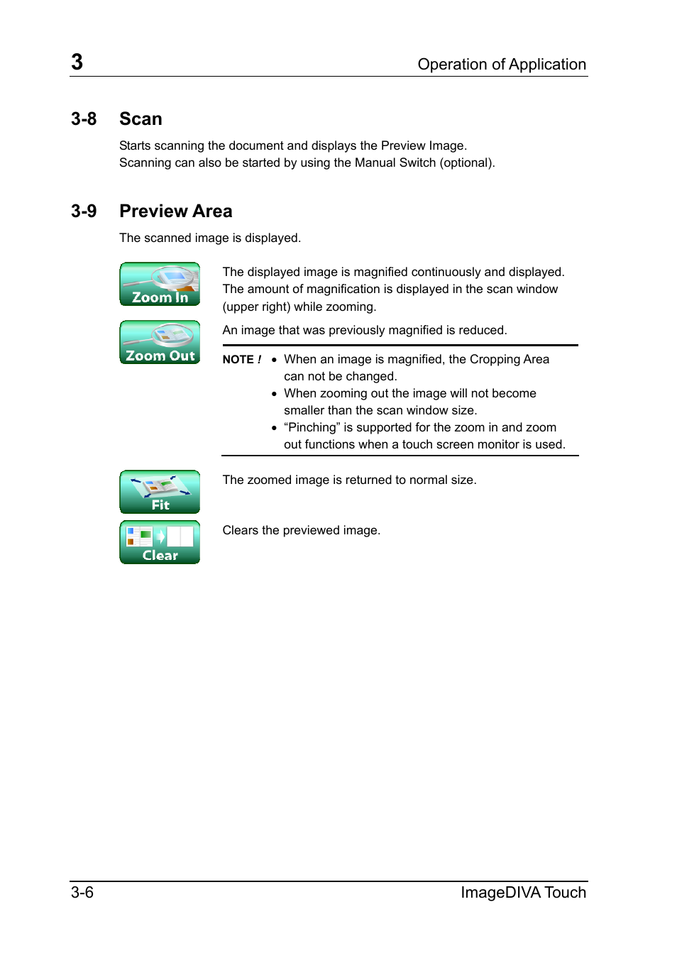 8 scan, 9 preview area, Scan | Preview area, Operation of application 3-6 imagediva touch | Konica Minolta ScanDiva User Manual | Page 18 / 34