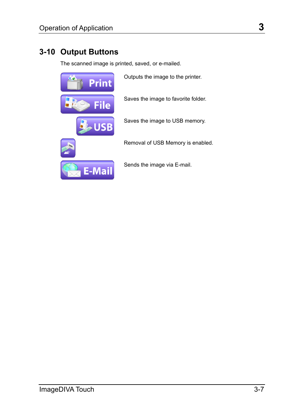 10 output buttons, Output buttons, Operation of application | Imagediva touch 3-7 | Konica Minolta ScanDiva User Manual | Page 19 / 34