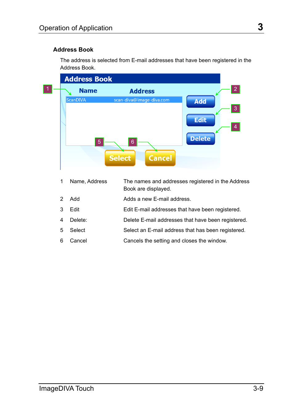 Address book, Address book -9, Operation of application | Imagediva touch 3-9 | Konica Minolta ScanDiva User Manual | Page 21 / 34