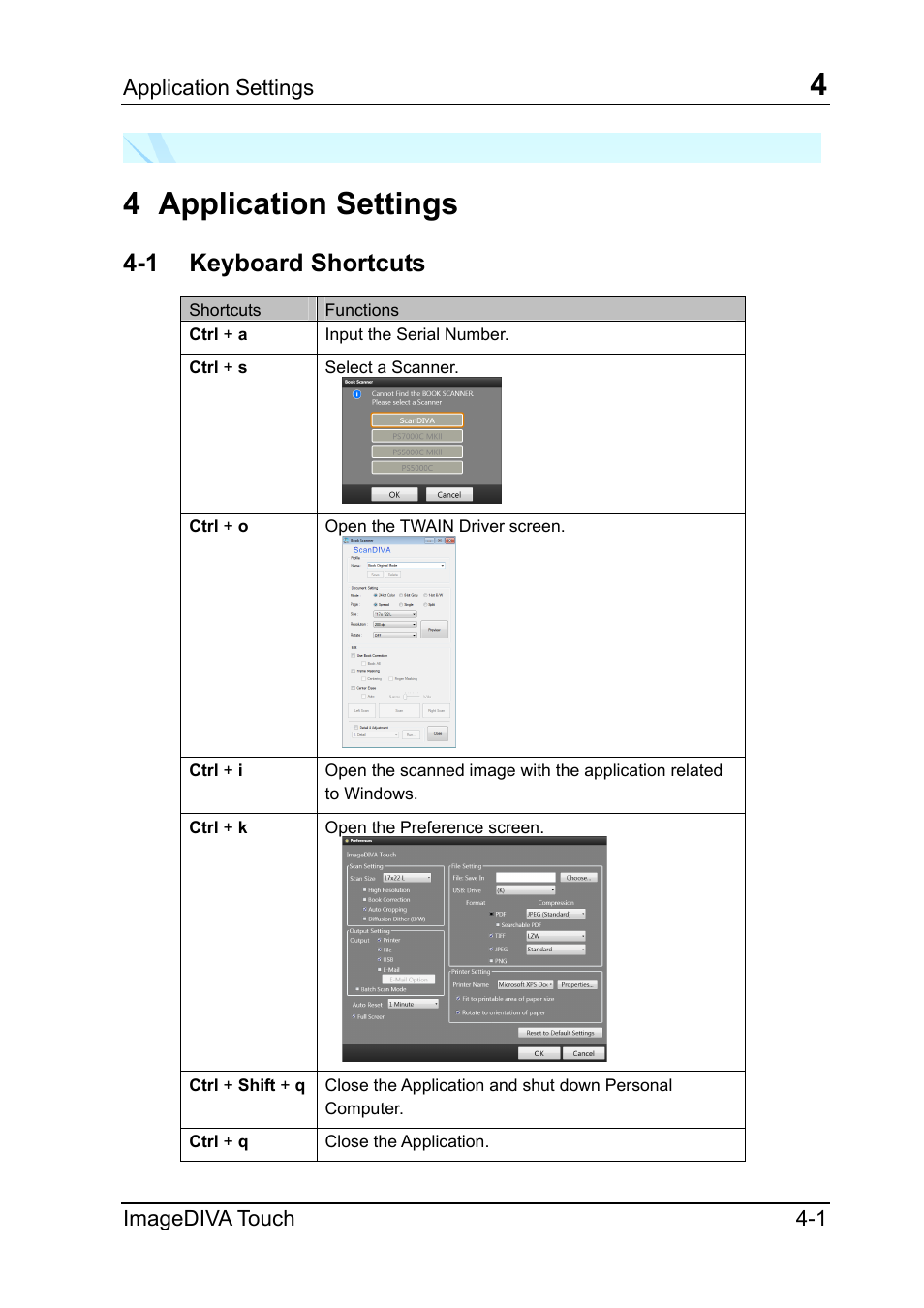 4 application settings, 1 keyboard shortcuts, Application settings | Imagediva touch 4-1 | Konica Minolta ScanDiva User Manual | Page 25 / 34