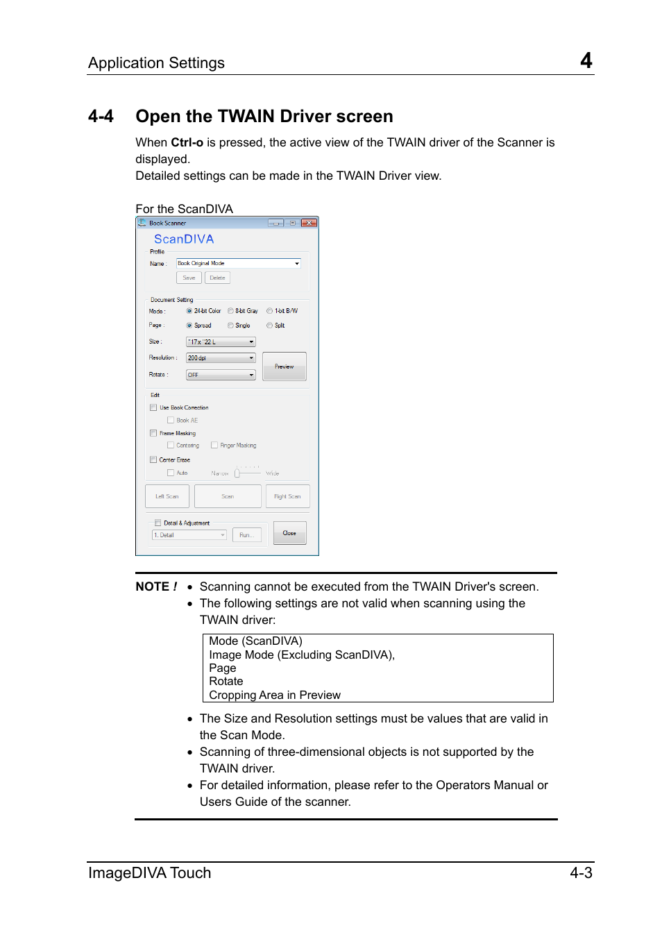 4 open the twain driver screen, Application settings, Imagediva touch 4-3 | Konica Minolta ScanDiva User Manual | Page 27 / 34
