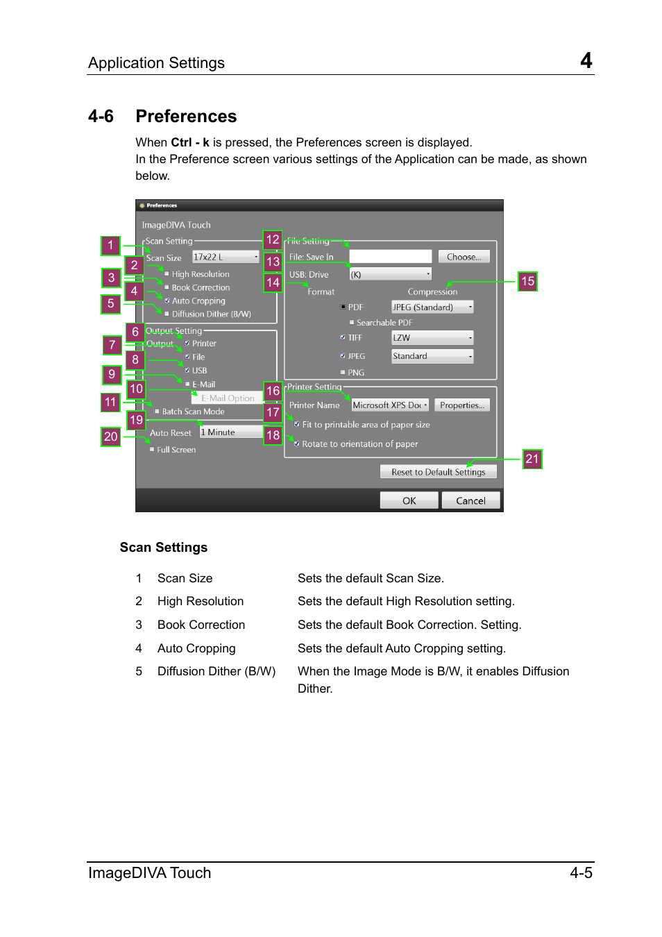 6 preferences, Scan settings, Scan settings -5 | Application settings, Imagediva touch 4-5 | Konica Minolta ScanDiva User Manual | Page 29 / 34