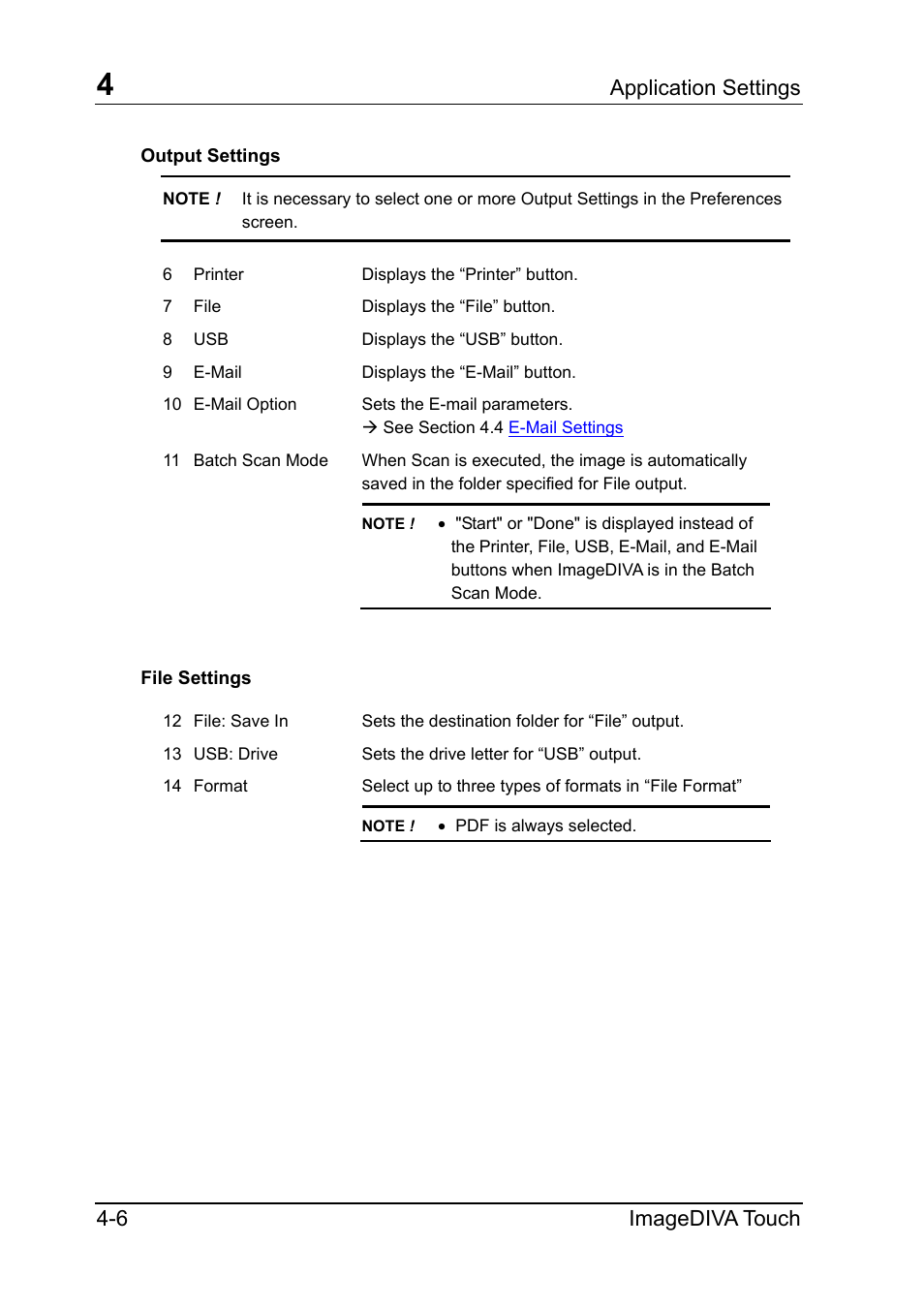 Output settings, File settings, Output settings -6 | File settings -6, Application settings 4-6 imagediva touch | Konica Minolta ScanDiva User Manual | Page 30 / 34