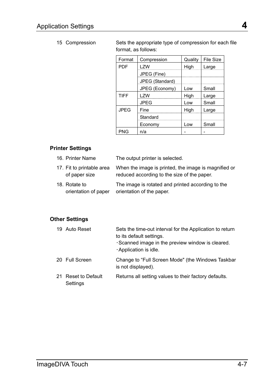 Printer settings, Other settings, Printer settings -7 | Other settings -7, Application settings, Imagediva touch 4-7 | Konica Minolta ScanDiva User Manual | Page 31 / 34