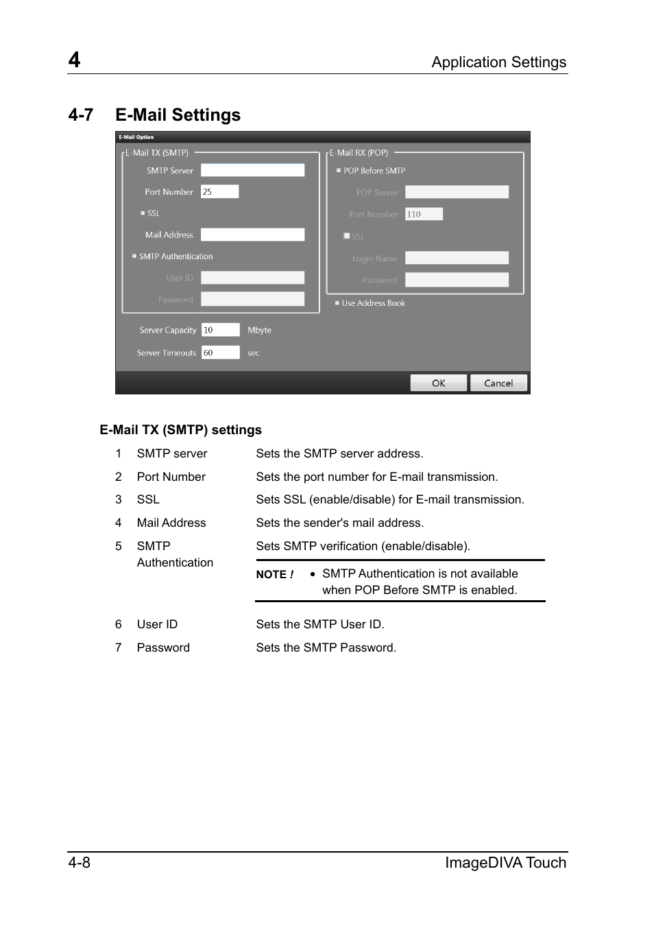 7 e-mail settings, E-mail tx (smtp) settings, E-mail tx (smtp) settings -8 | Application settings 4-8 imagediva touch | Konica Minolta ScanDiva User Manual | Page 32 / 34