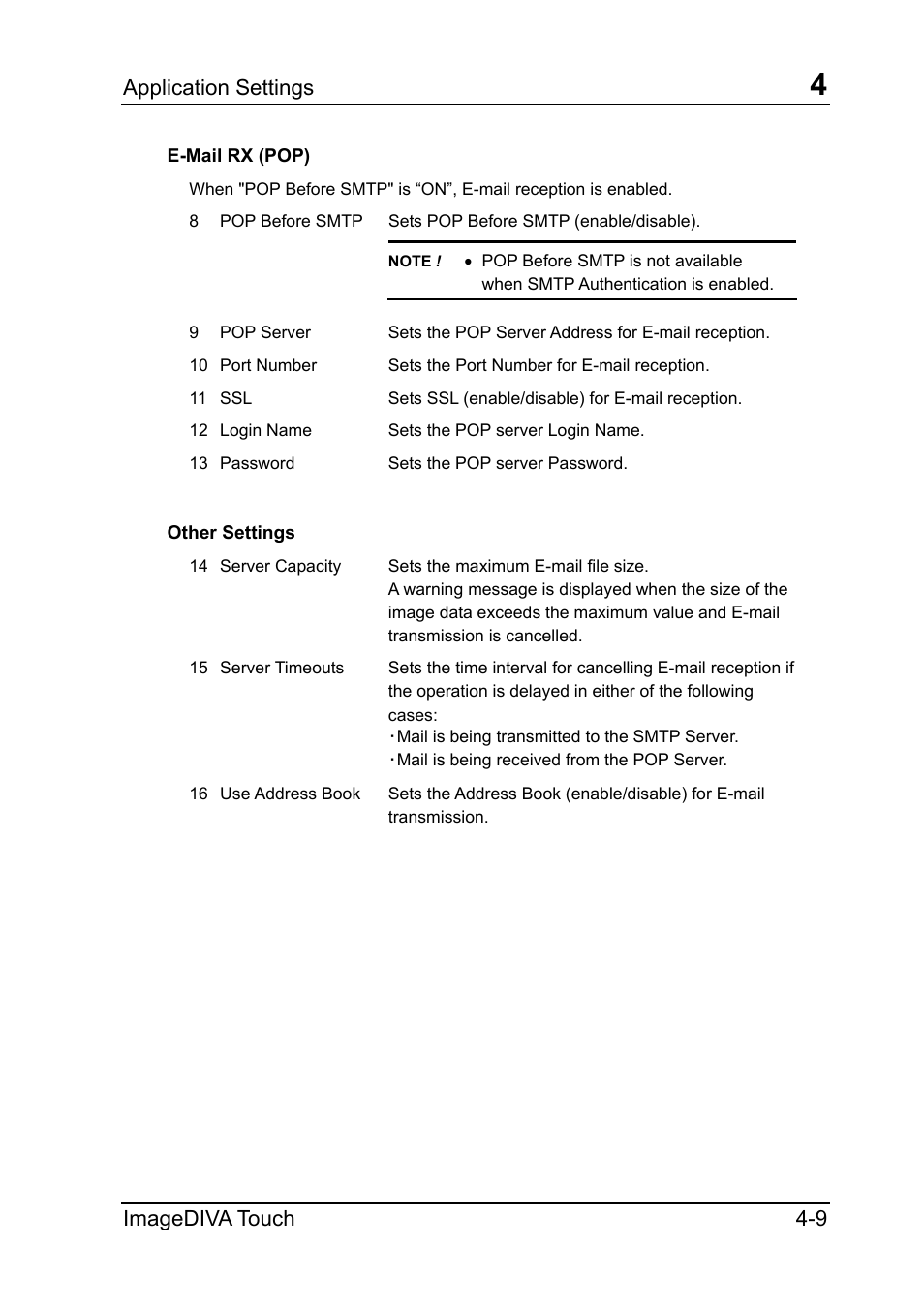 E-mail rx (pop), Other settings, E-mail rx (pop) -9 | Other settings -9, Application settings, Imagediva touch 4-9 | Konica Minolta ScanDiva User Manual | Page 33 / 34