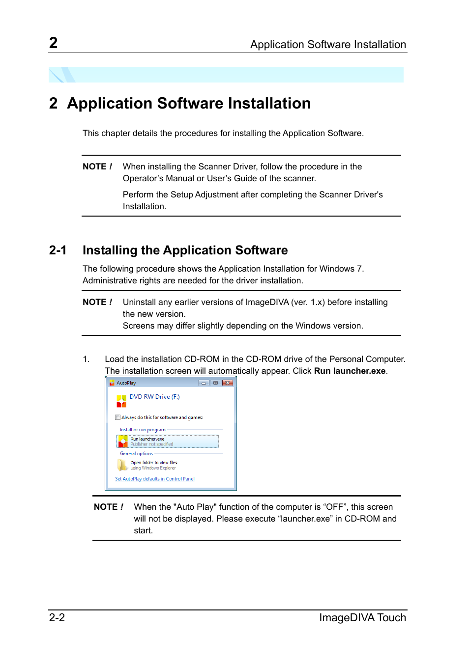 2 application software installation, 1 installing the application software | Konica Minolta ScanDiva User Manual | Page 6 / 34