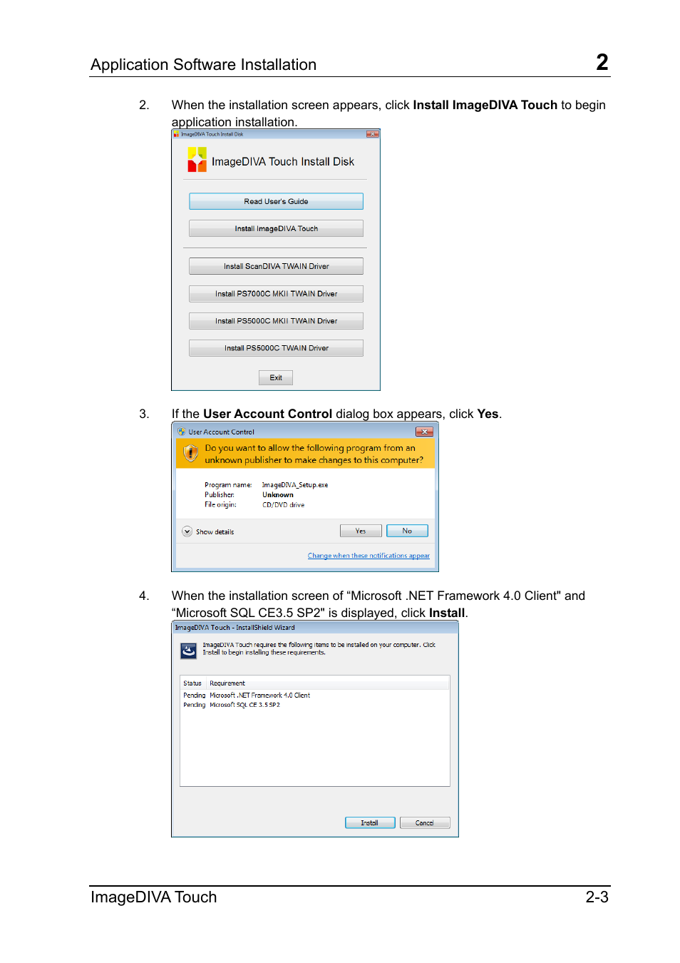 Application software installation, Imagediva touch 2-3 | Konica Minolta ScanDiva User Manual | Page 7 / 34