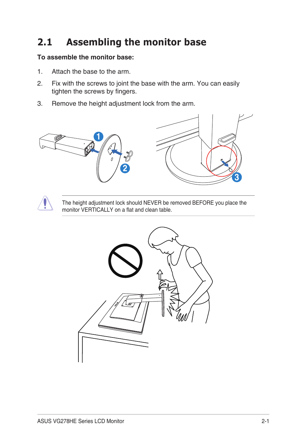 1 assembling the monitor base | Asus LCD MONITOR VG278 Series User Manual | Page 11 / 24