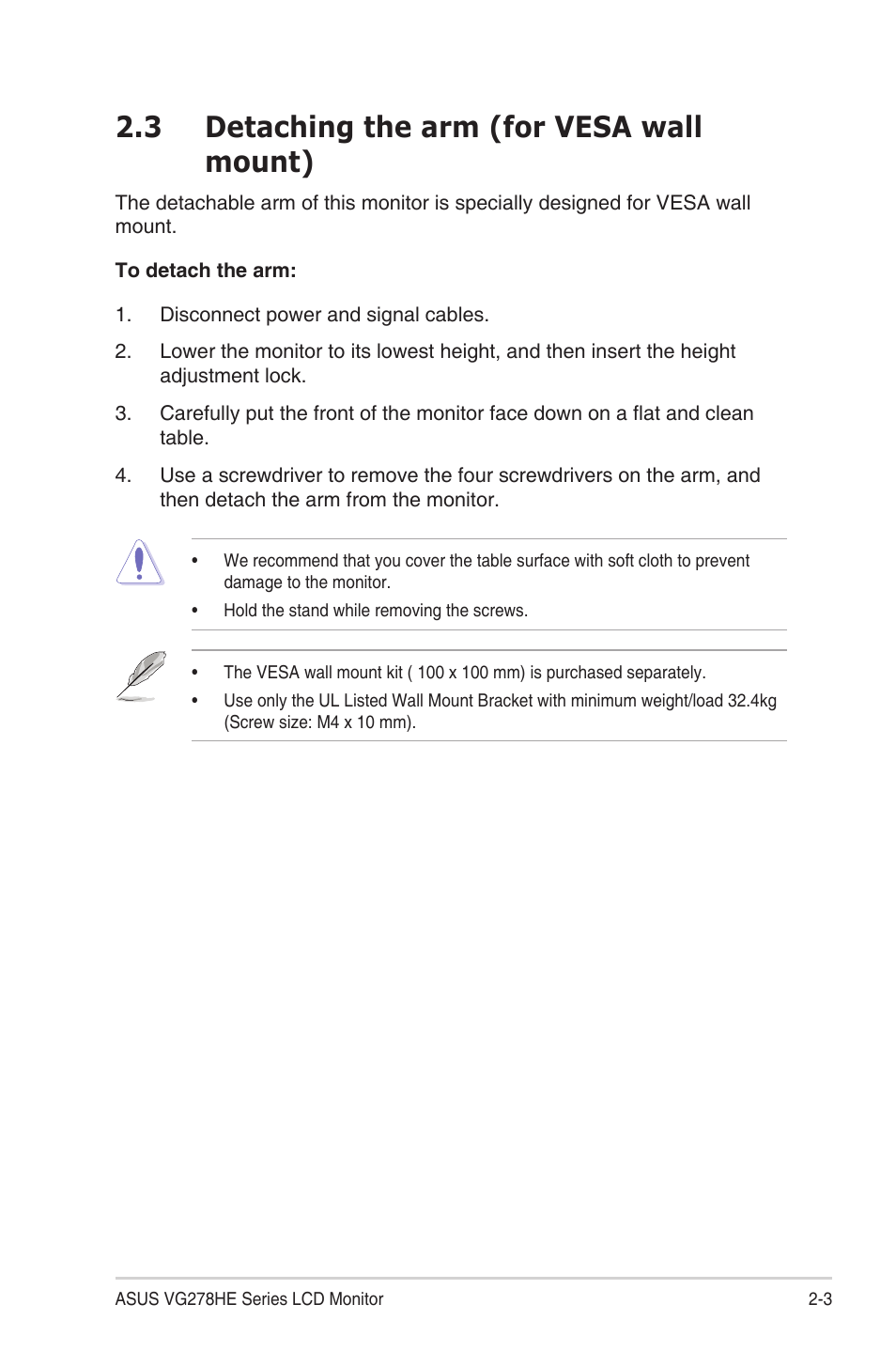 3 detaching the arm (for vesa wall mount) | Asus LCD MONITOR VG278 Series User Manual | Page 13 / 24