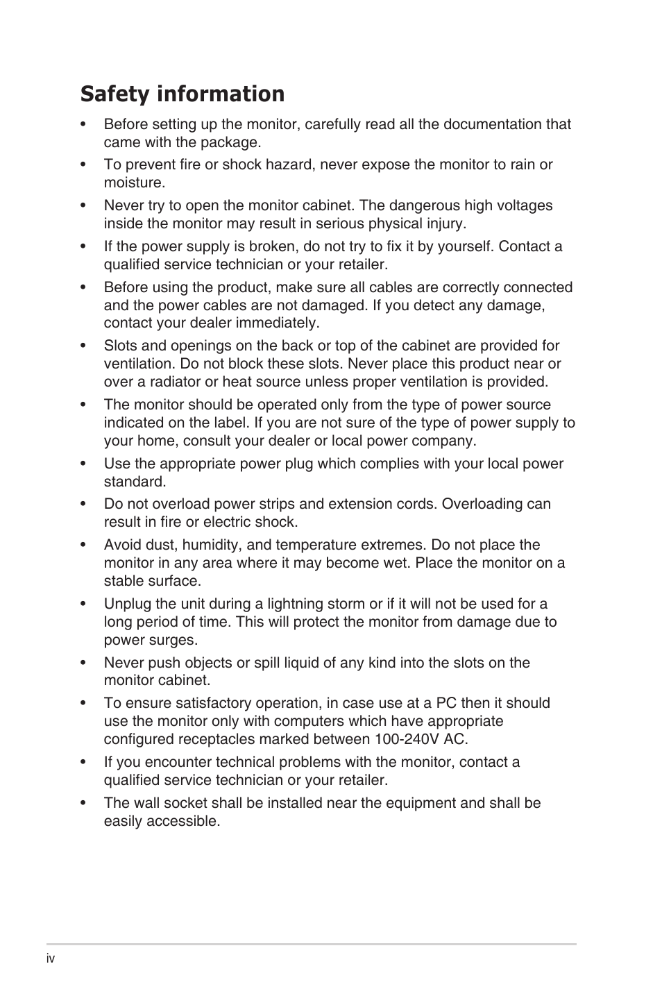 Safety information | Asus LCD MONITOR VG278 Series User Manual | Page 4 / 24