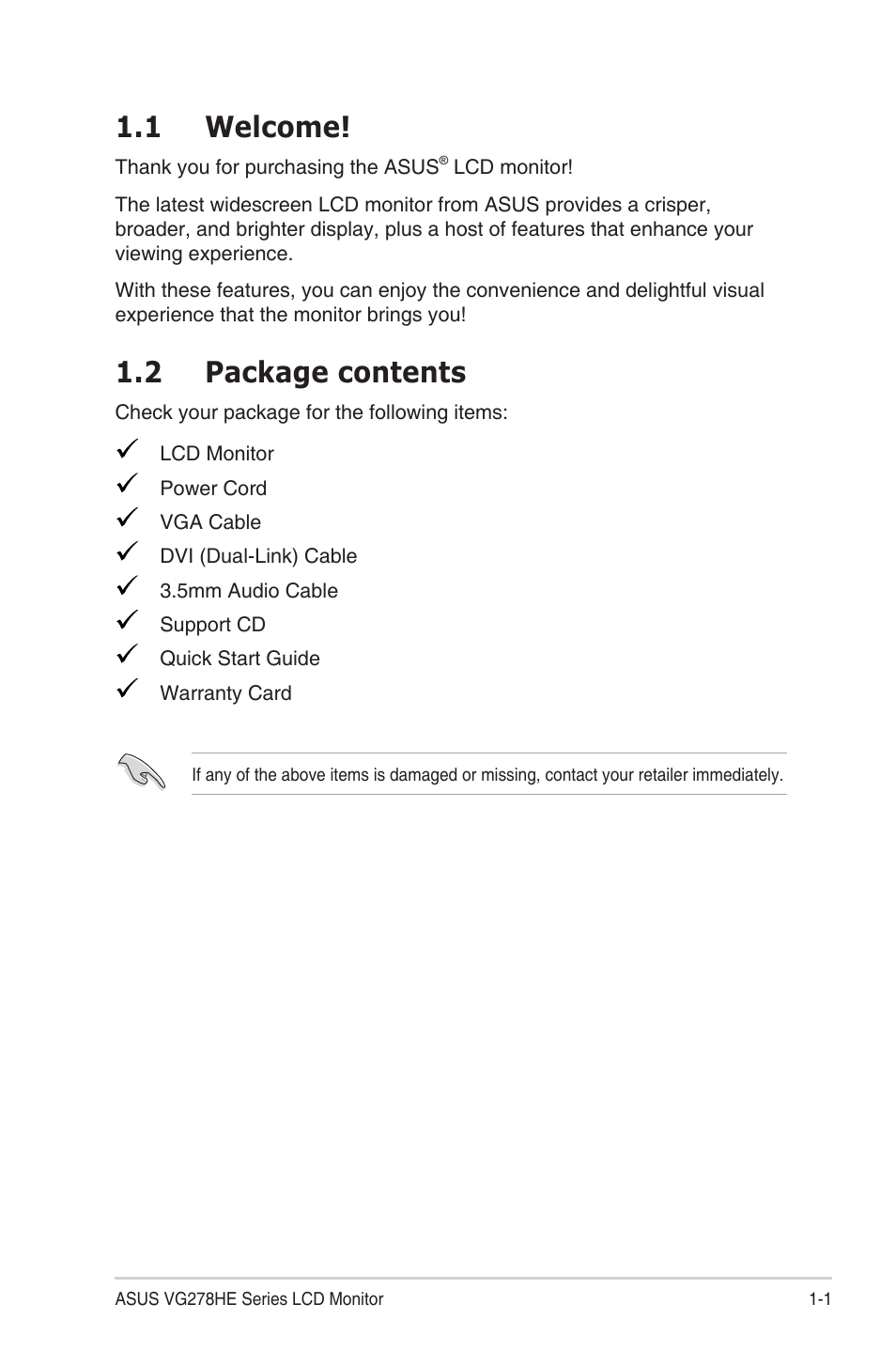 1 welcome, 2 package contents | Asus LCD MONITOR VG278 Series User Manual | Page 7 / 24