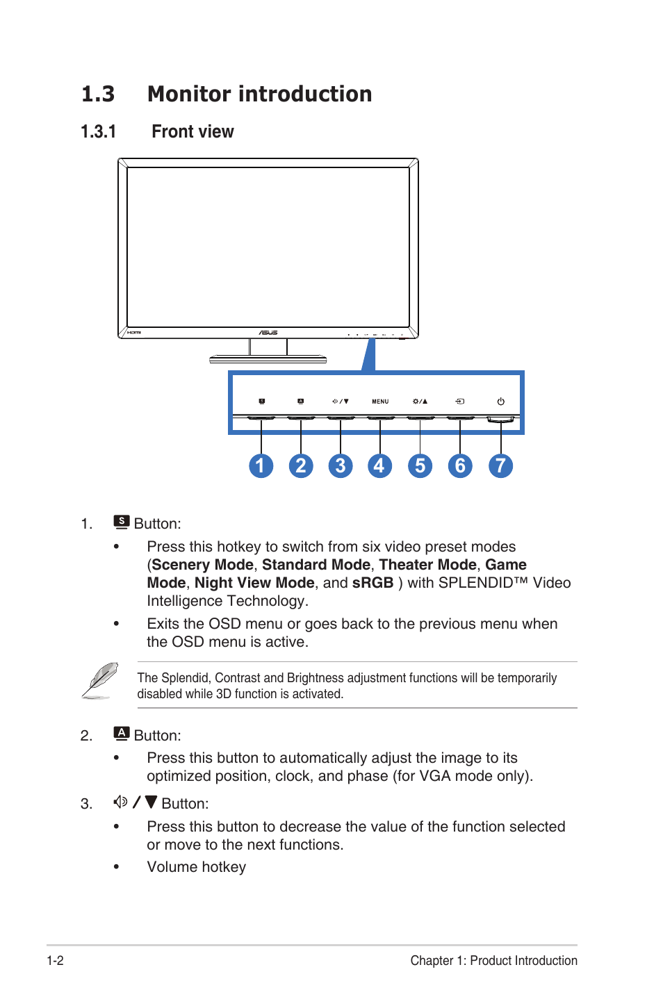 3 monitor introduction, 1 front view | Asus LCD MONITOR VG278 Series User Manual | Page 8 / 24