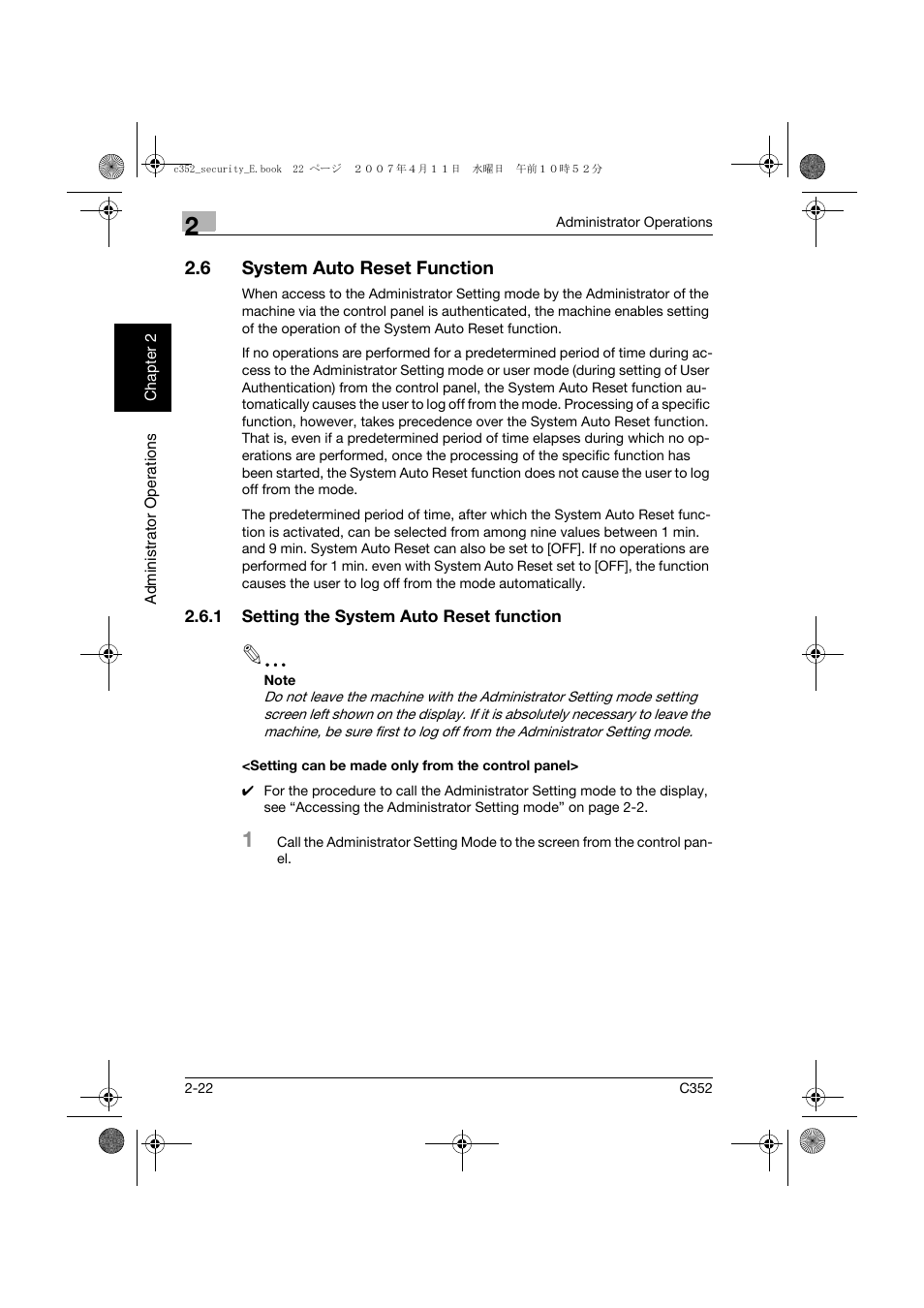 6 system auto reset function, 1 setting the system auto reset function, Setting can be made only from the control panel | System auto reset function -22 | Konica Minolta bizhub C352 User Manual | Page 41 / 188