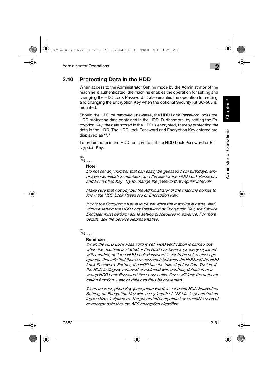 10 protecting data in the hdd, Protecting data in the hdd -51 | Konica Minolta bizhub C352 User Manual | Page 70 / 188