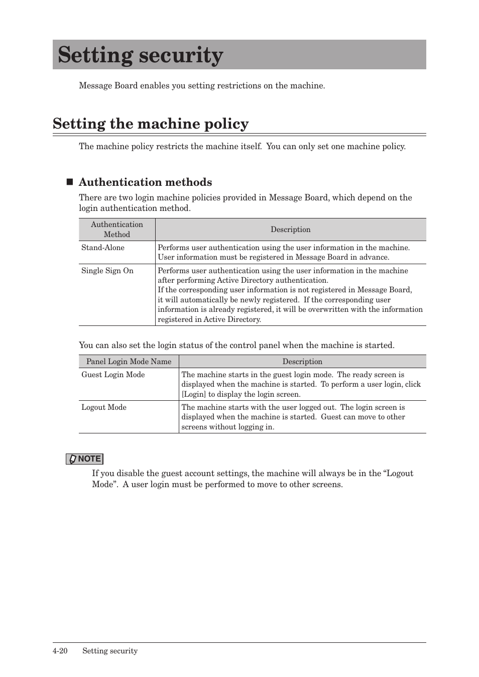 Setting security, Setting the machine policy, Setting security -20 | Setting the machine policy -20, Authentication methods | Konica Minolta bizhub 25e User Manual | Page 101 / 140