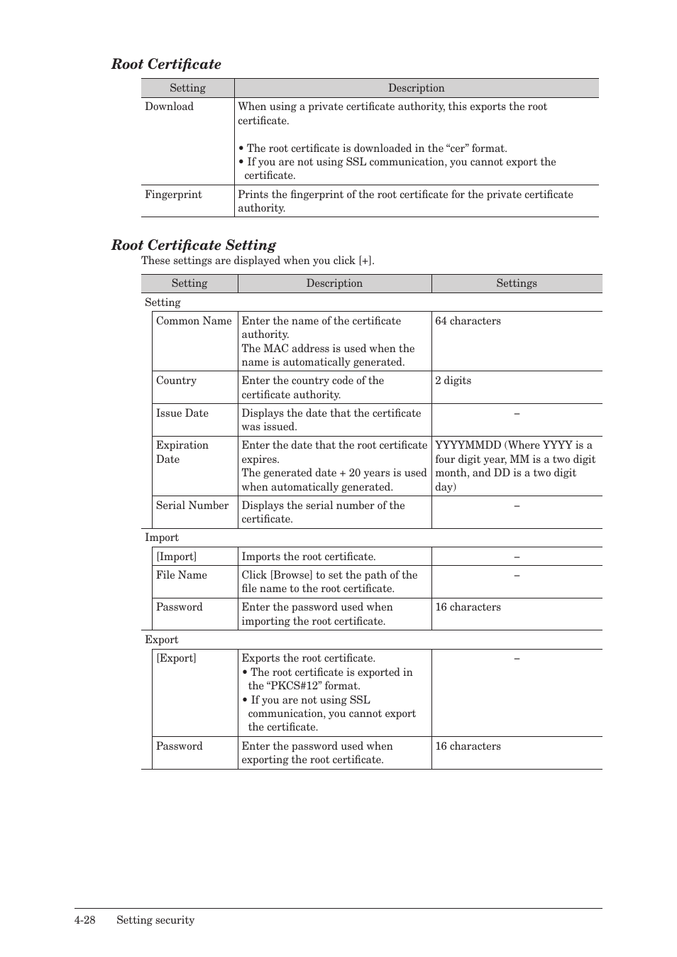 Root certificate, Root certificate setting | Konica Minolta bizhub 25e User Manual | Page 109 / 140