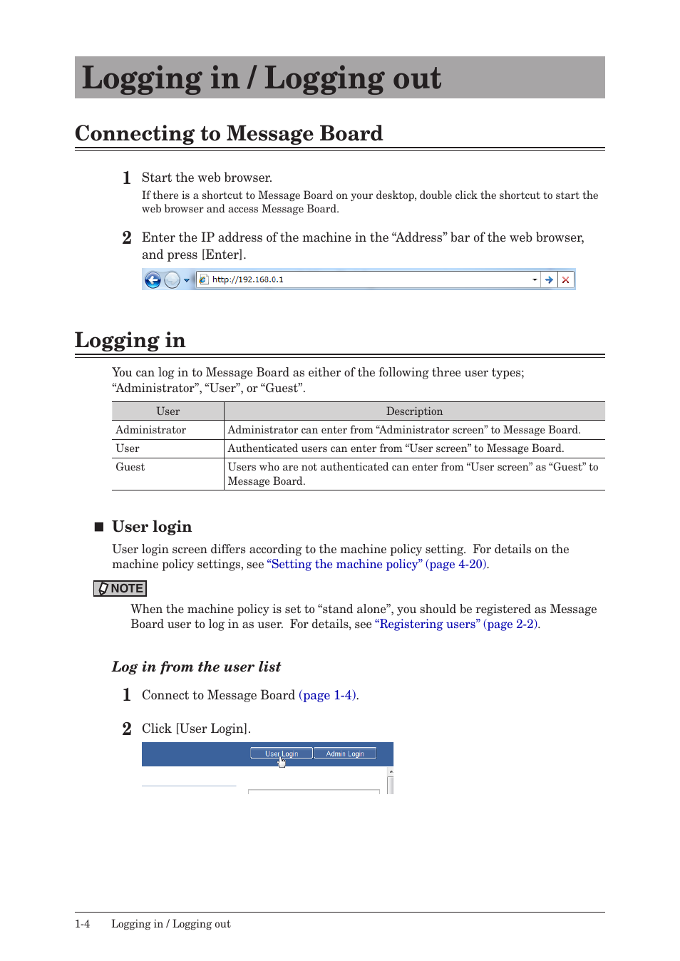 Logging in / logging out, Connecting to message board, Logging in | Logging in / logging out -4, Connecting to message board -4 logging in -4 | Konica Minolta bizhub 25e User Manual | Page 11 / 140
