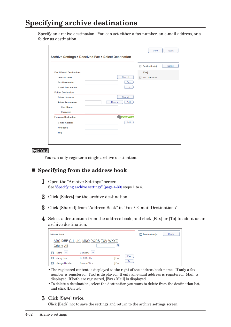 Specifying archive destinations, Specifying archive destinations -32 | Konica Minolta bizhub 25e User Manual | Page 113 / 140